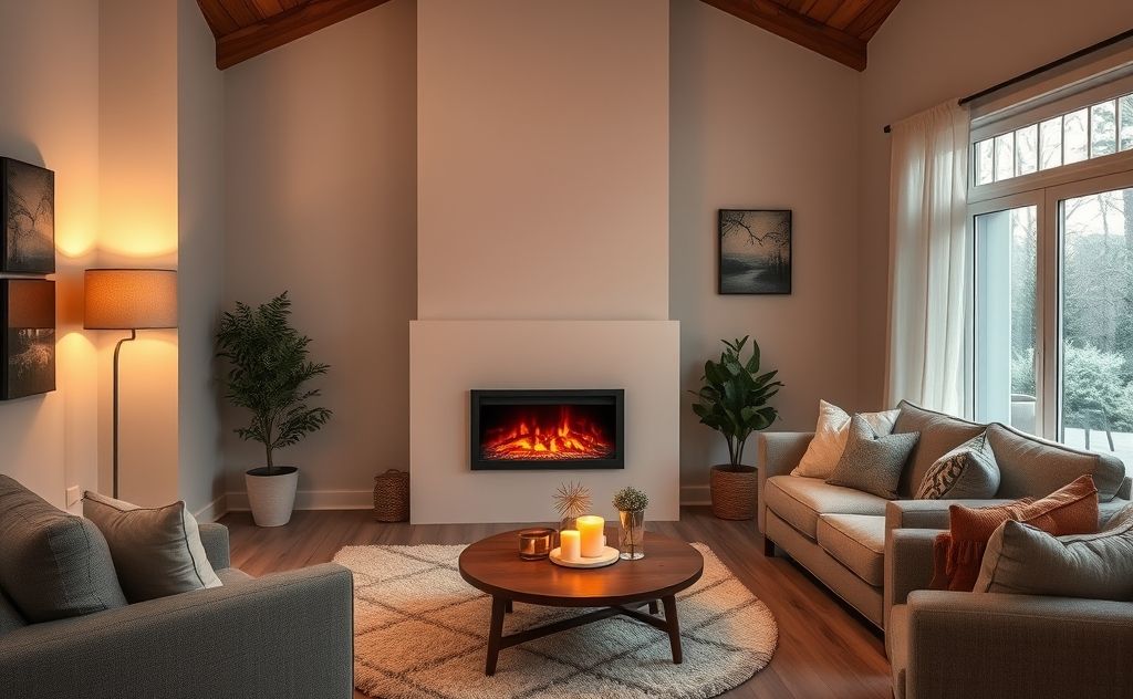 Cozy living room with an electric fireplace glowing