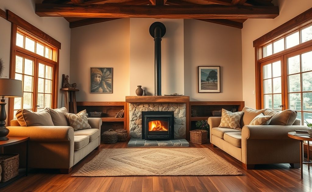 Cozy living space with a wood burning fireplace