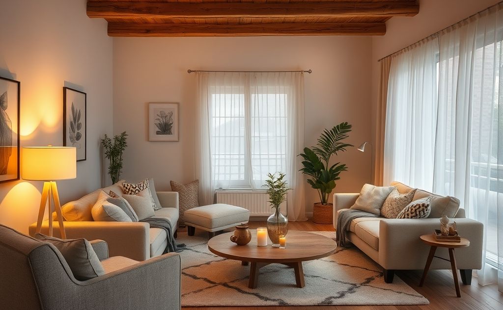 Cozy living space with warm lighting and soft textures