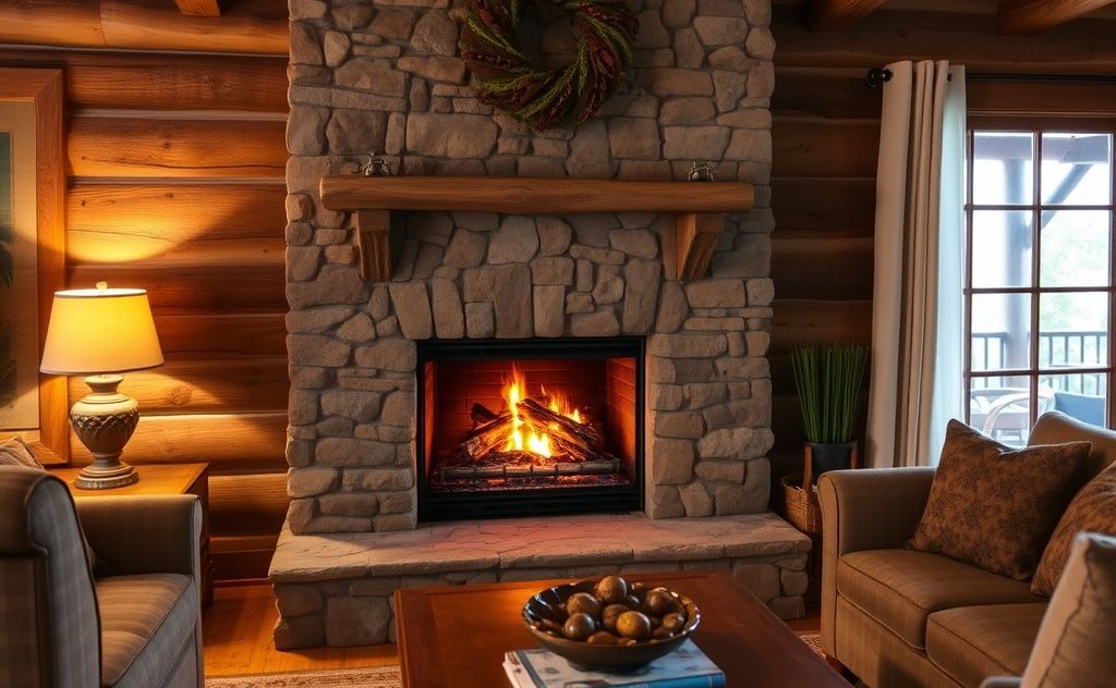 Cozy propane fireplace in a rustic living room setting.