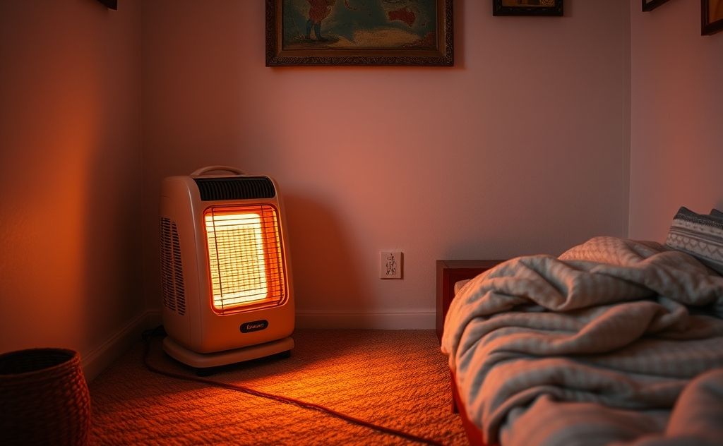 Cozy room with a portable heater glowing warmly