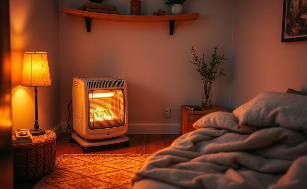 Cozy room with a safe space heater glowing warmly