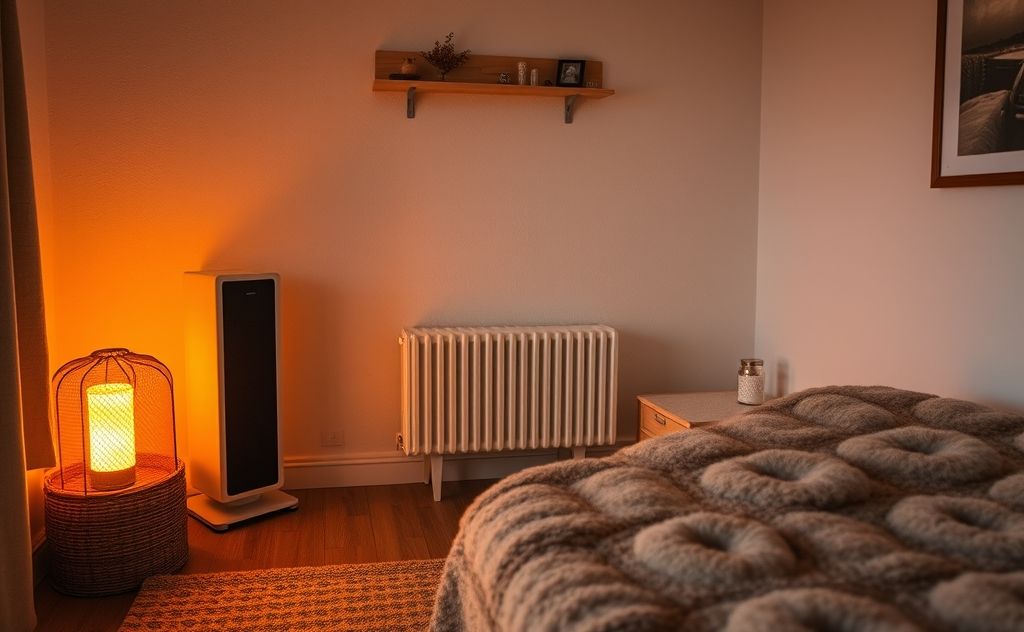 Cozy room with a warm electric heater glowing