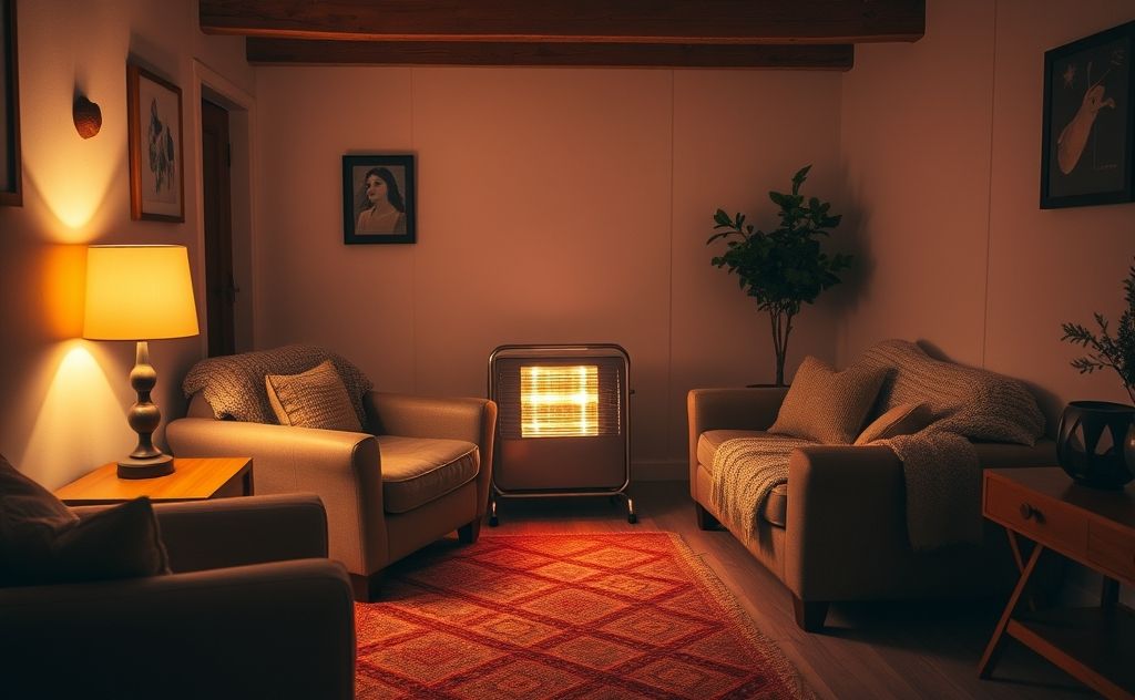 Cozy room with an infrared space heater, warm and inviting atmosphere.