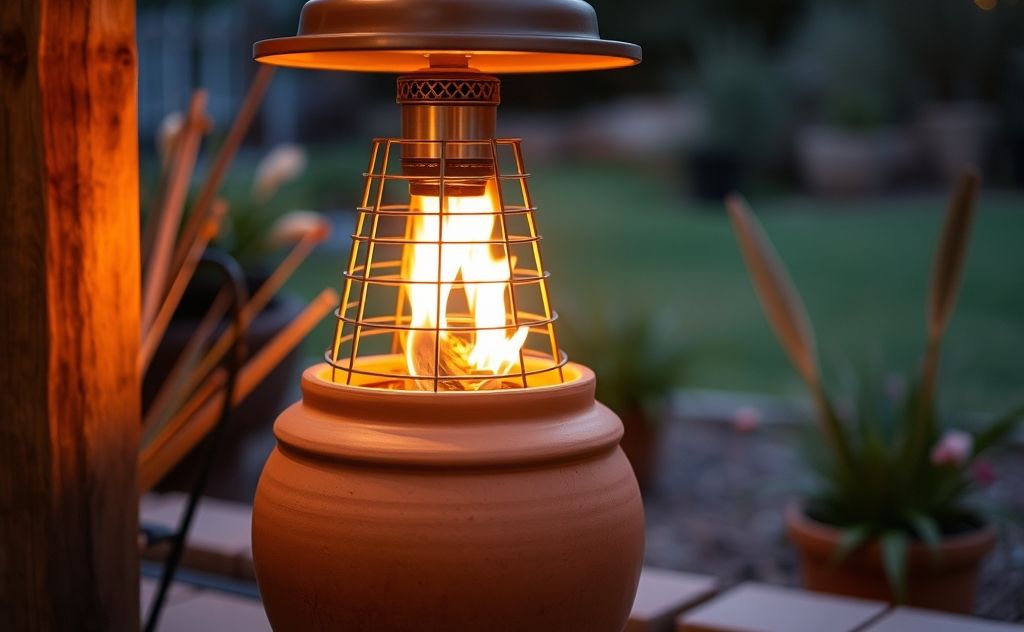 Cozy terracotta pot heater with warm glow, outdoor setting, evening light.