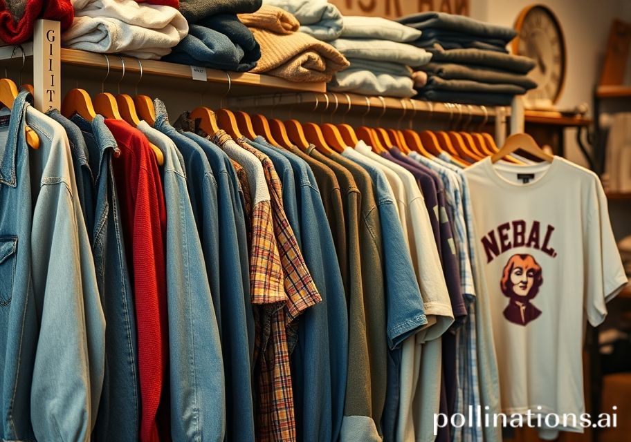 Rak baju thrifting kurasi premium: denim, flanel, vintage tee — pencahayaan hangat