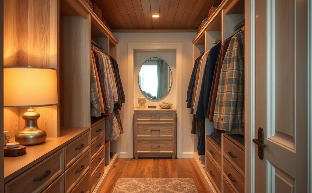 Cozy walk-in closet with warm lighting and style