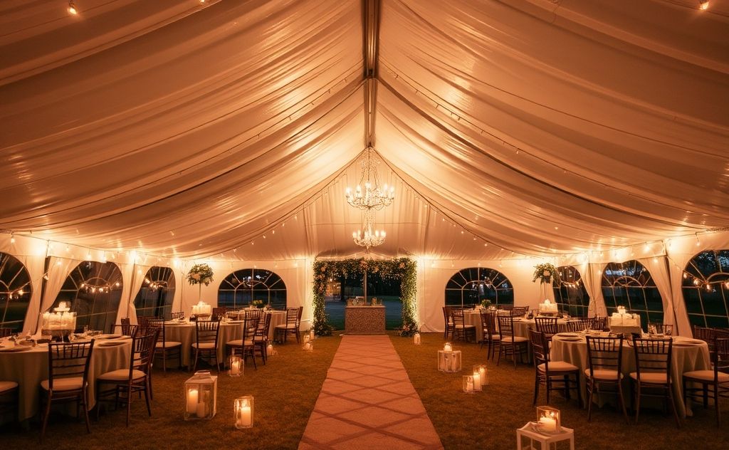 Cozy wedding tent with warm lighting and decor
