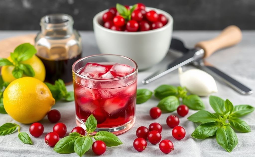 Cranberry basil cocktail ingredients and tools