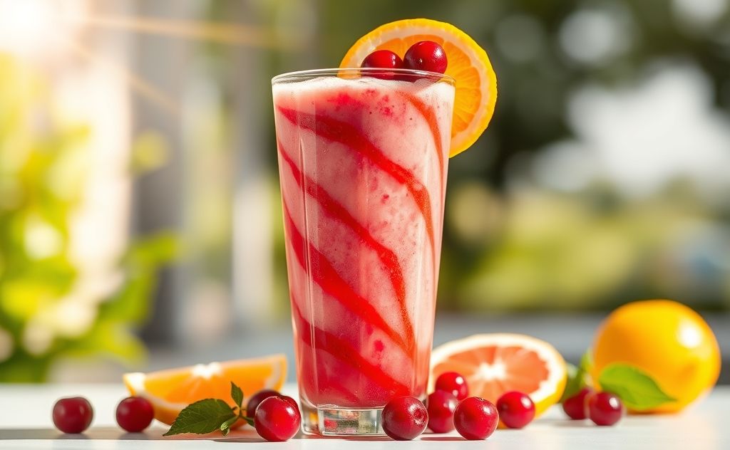 Cranberry citrus smoothie in a vibrant glass.