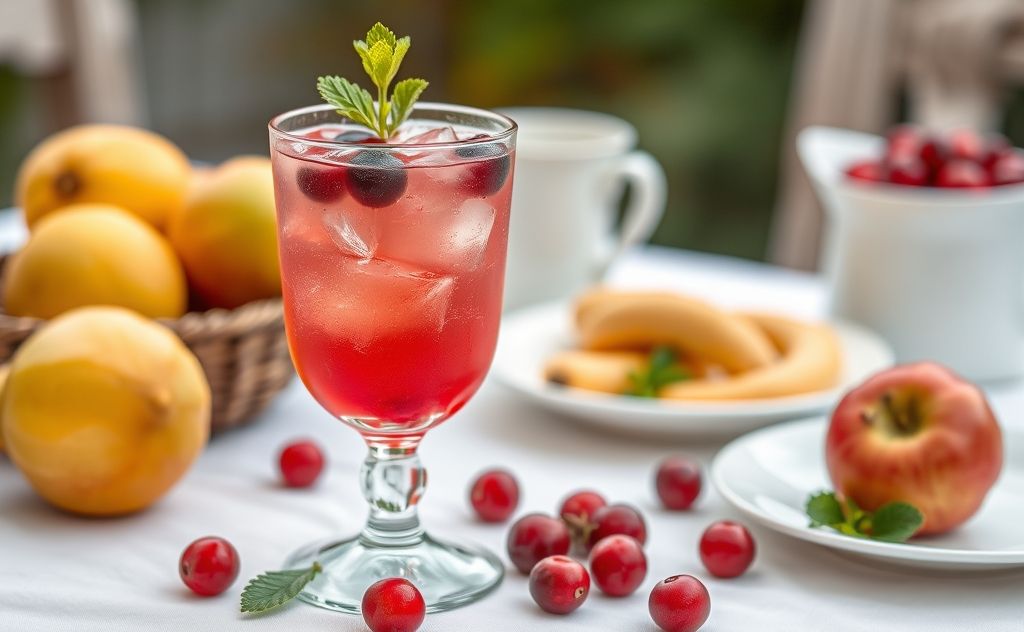 Cranberry cocktail in a brunch setting with fruits