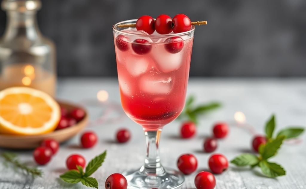 Cranberry cocktail in a festive glass with fruit garnish