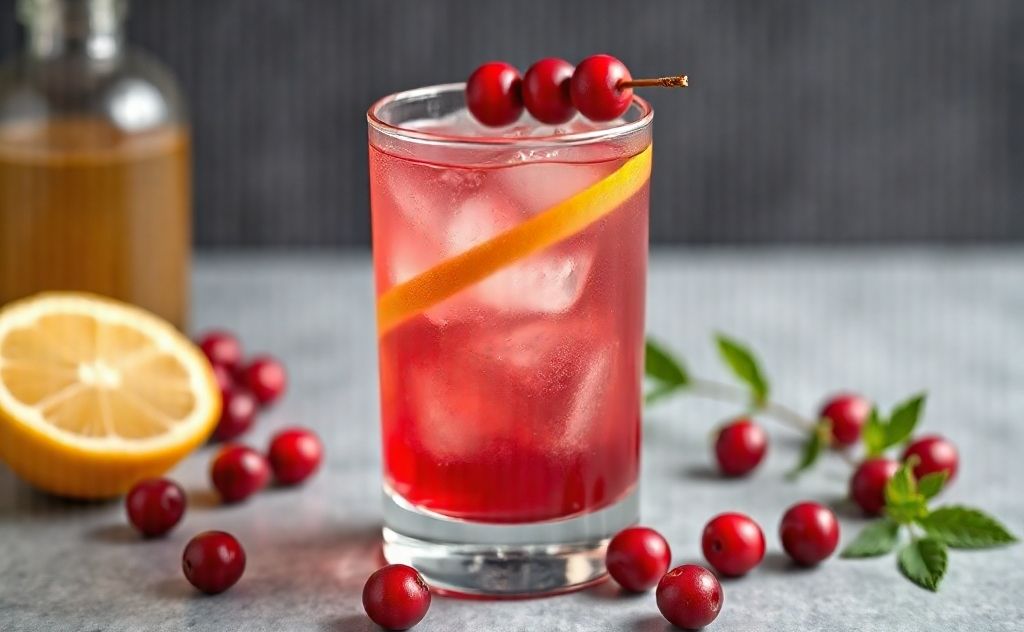 Cranberry cocktail with citrus twist in a glass