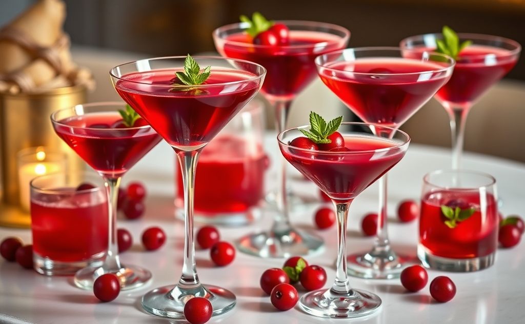 Cranberry cocktails in elegant glassware on a table.