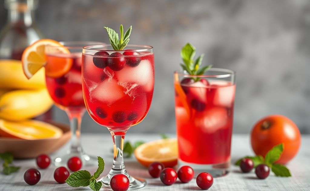 Cranberry cocktails in vibrant glasses with fresh fruit