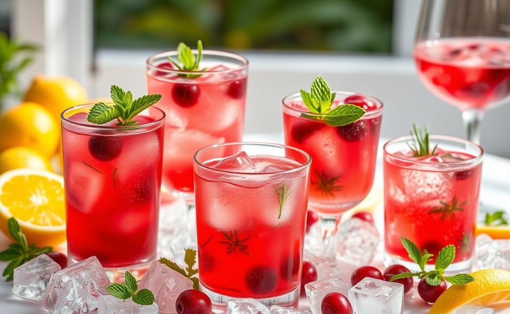 Cranberry cocktails with fresh herbs and ice