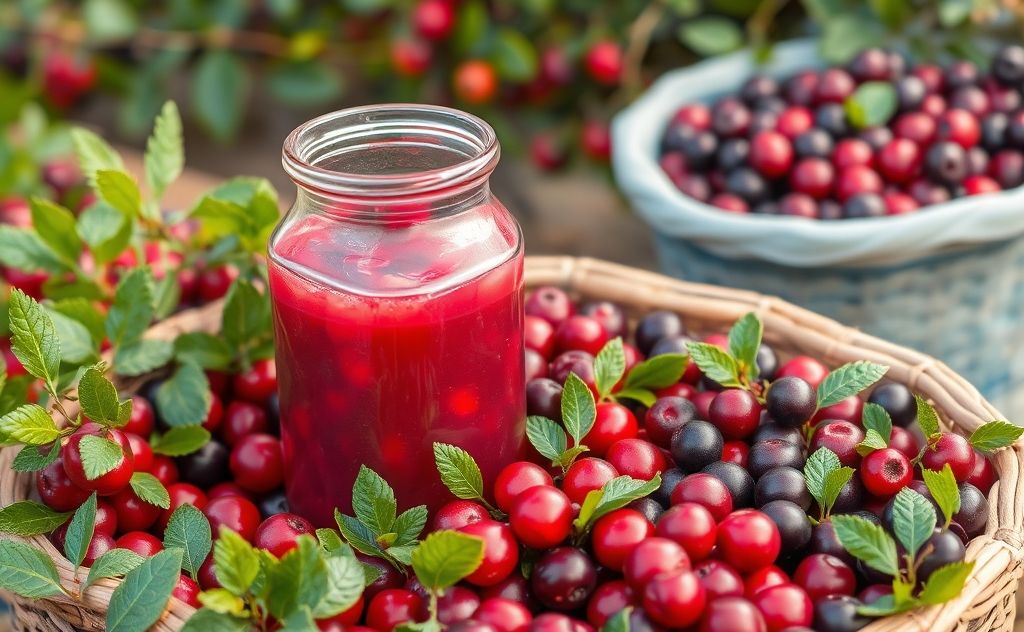 Cranberry harvest with fresh juice and berries.