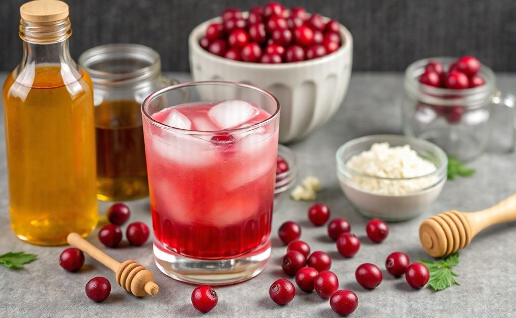 Cranberry honey cocktail ingredients and tools