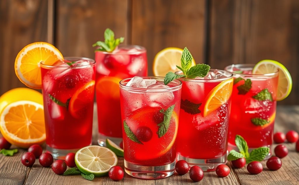 Cranberry juice cocktails with fresh ingredients