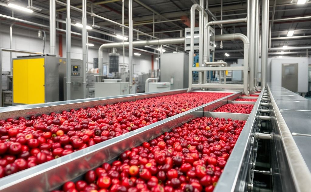 Cranberry juice extraction process in factories.