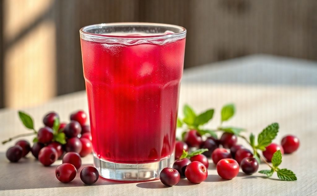Cranberry juice in a refreshing glass on a table.