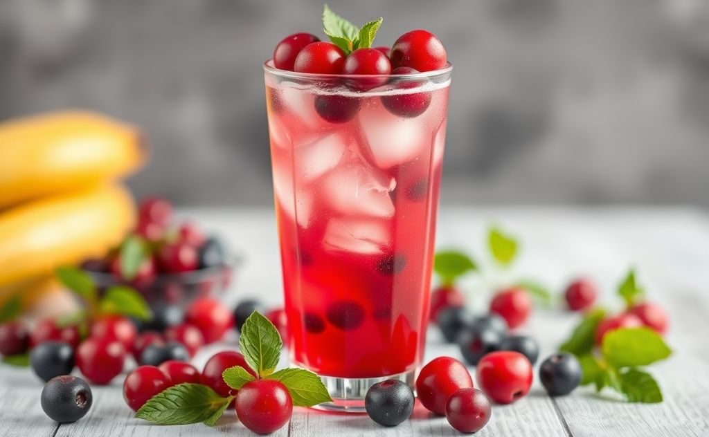 Cranberry juice in a refreshing glass with berries.