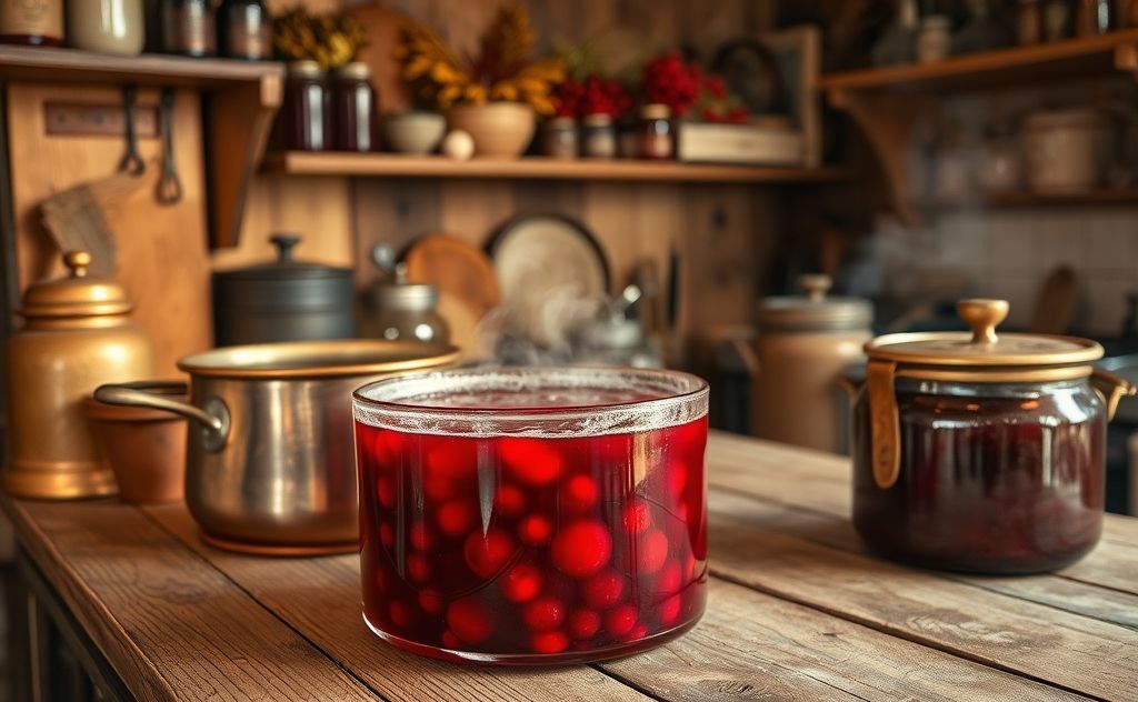 Cranberry juice reduction in a rustic kitchen setting.