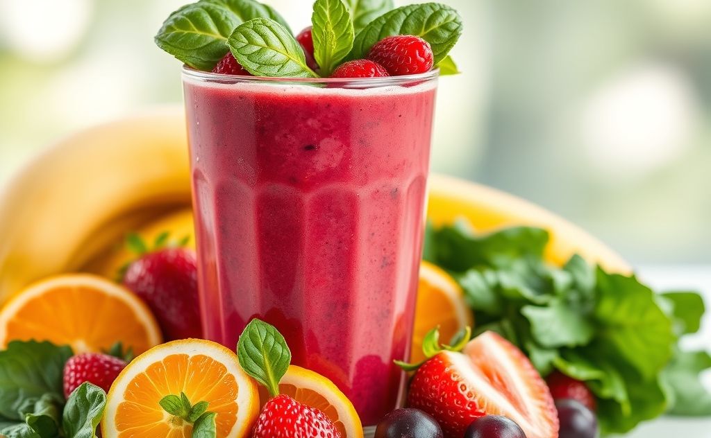 Cranberry juice smoothie with fresh fruits and greens