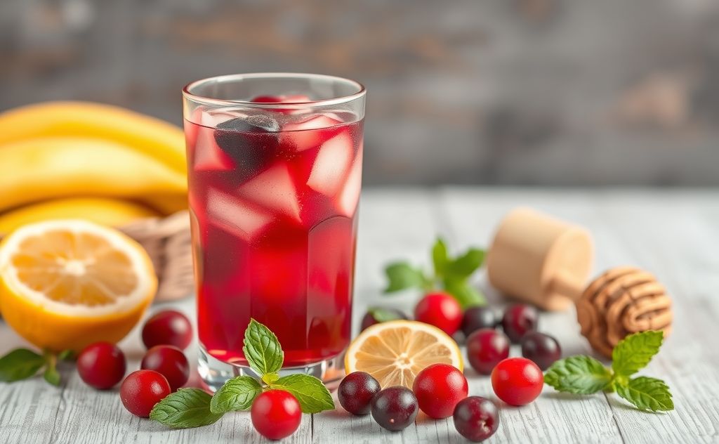 Cranberry juice with fresh fruits and honey