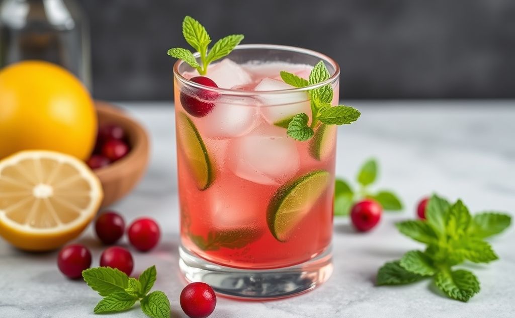 Cranberry mint cocktail with fresh ingredients