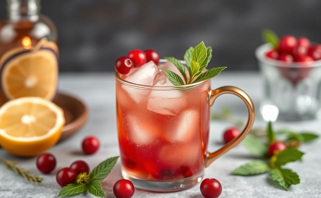 Cranberry mule cocktail with festive garnish