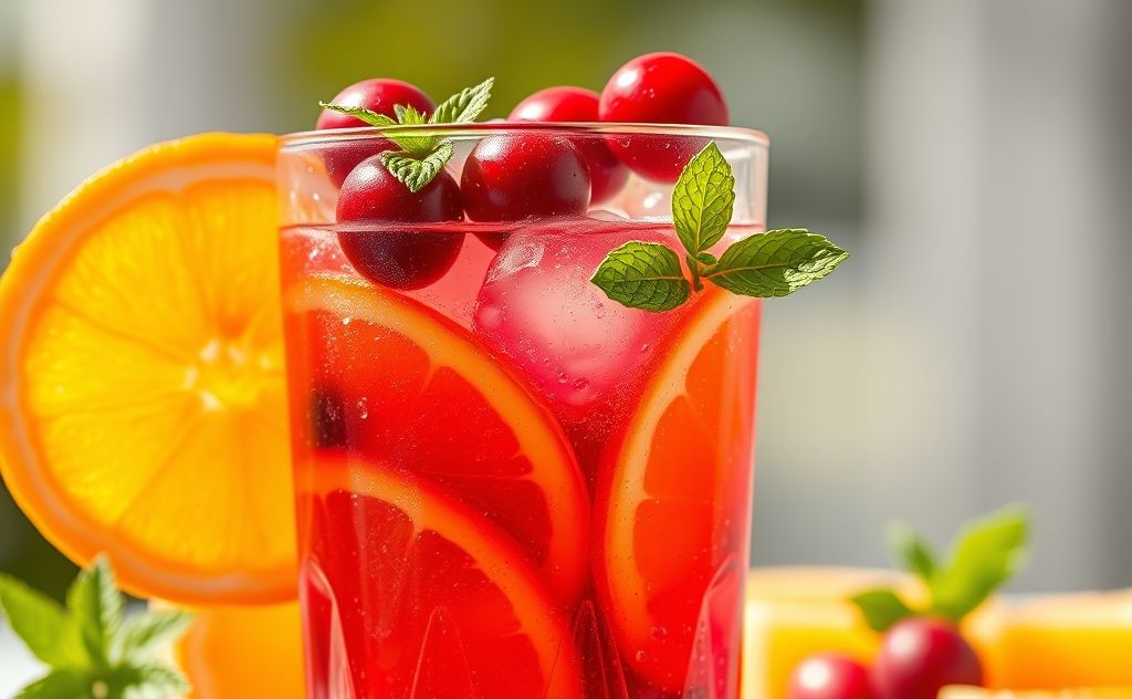 Cranberry orange drink with fresh fruit garnish