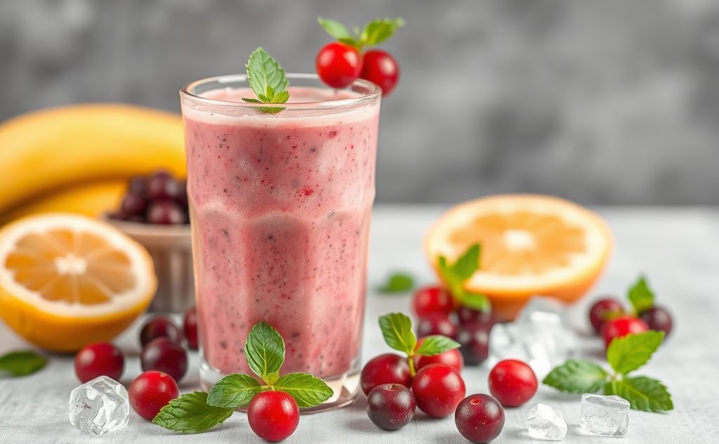 Cranberry smoothie with fresh fruits and ice