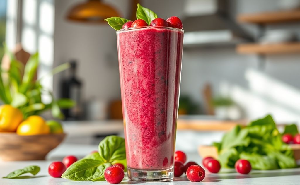 Cranberry spinach smoothie in a vibrant glass.