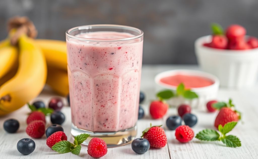 Cranberry yogurt smoothie with fresh berries blend