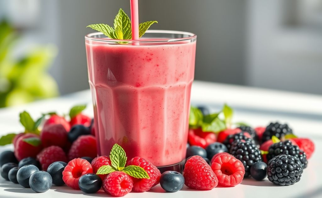 Creamy cranberry juice smoothie in a glass with berries