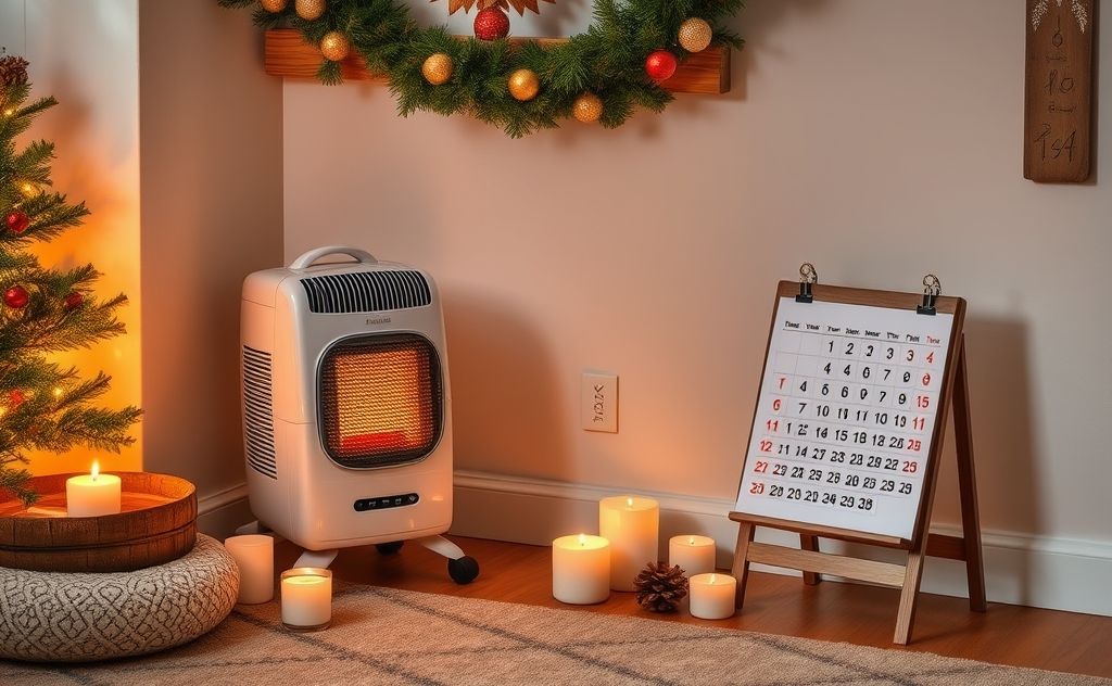 Create a cozy home scene with a heater and calendar