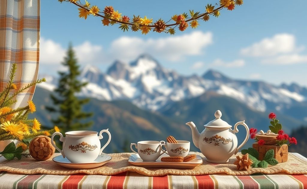 Create a cozy tea scene with mountain backdrop.