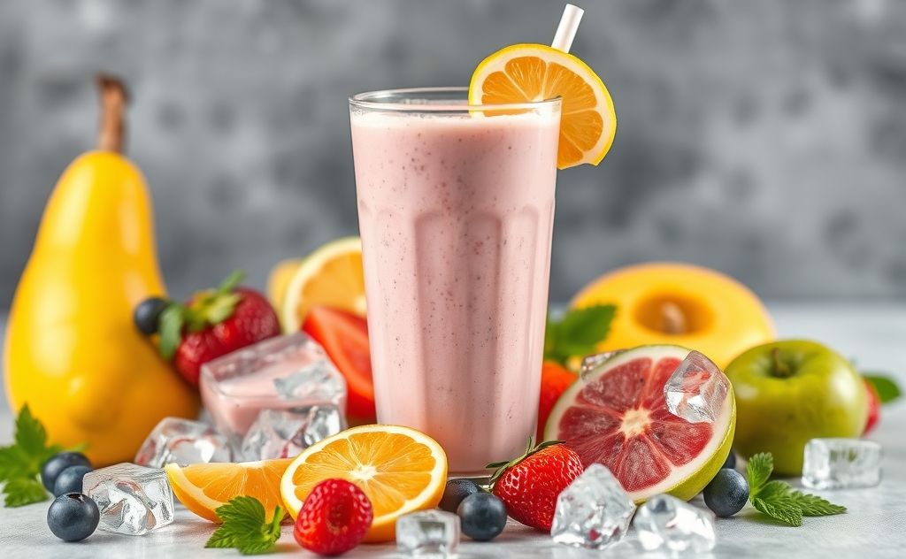 Create a refreshing smoothie scene with fruits and ice