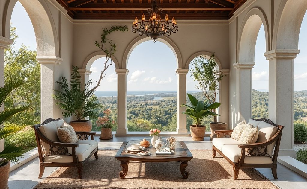 Create a serene tea space blending architecture and nature, with elegant tea sets and inviting seating.