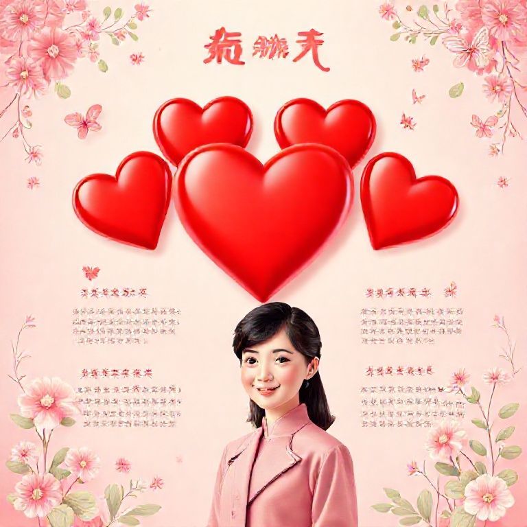 绘制一张以粉色为主色调的海报，背景有柔和的花卉图案和蝴蝶元素。海报中央位置放置三个大红心图标，整体风格温馨可信，信息布局清晰，适合推广高品质直采水果蔬菜福利活动。