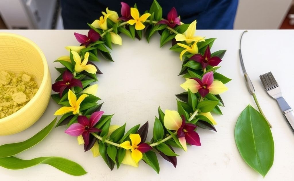 Create a vibrant tea leaf lei with fresh leaves.