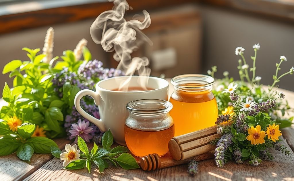 Create an image of a cozy tea setup with a steaming cup of tea and a jar of honey, surrounded by fresh herbs and flowers.