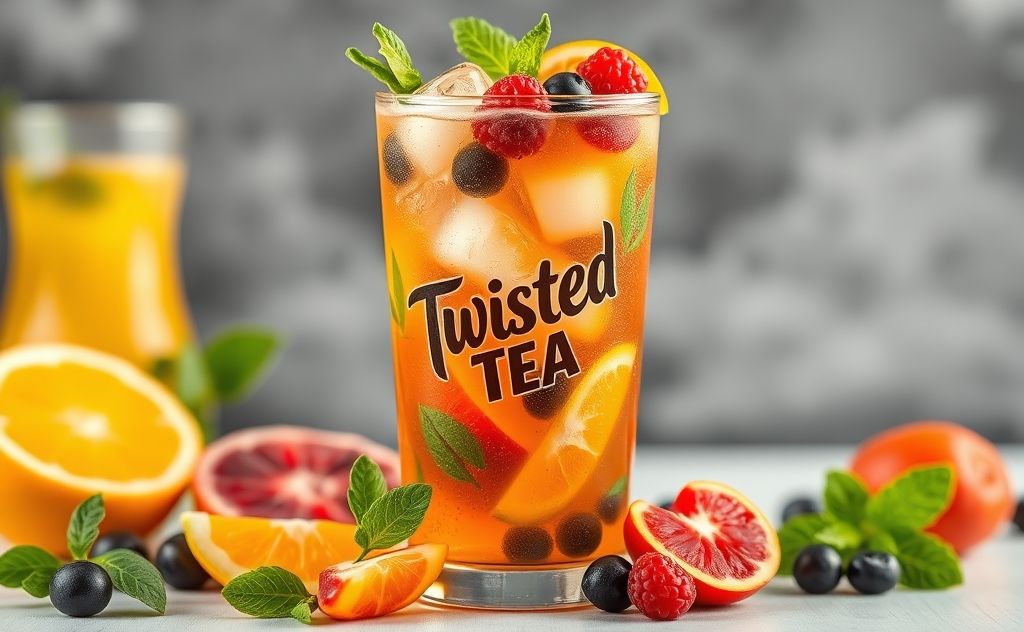 Create an image of a refreshing iced tea glass with vibrant fruits and herbs, highlighting the nutritional benefits of Twisted Tea.