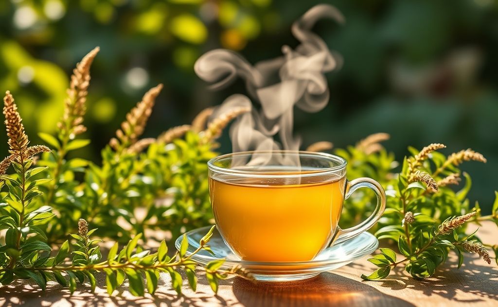Create an image of a serene tea scene featuring a steaming cup of horsetail tea surrounded by fresh horsetail plants, emphasizing natural wellness and herbal benefits.