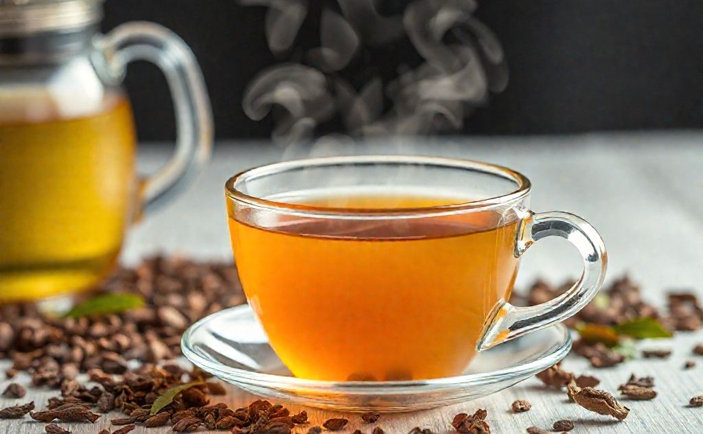Create an image of a steaming cup of instant tea with tea leaves and a brewing process in the background.
