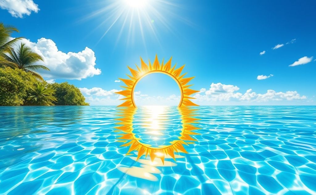 Create an image of a vibrant solar sun ring floating on a serene pool, surrounded by sunlight and reflections.