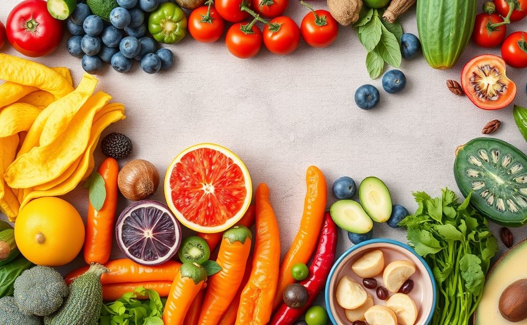 Create an image showcasing a vibrant selection of nutritious foods, highlighting their health benefits and colorful variety.