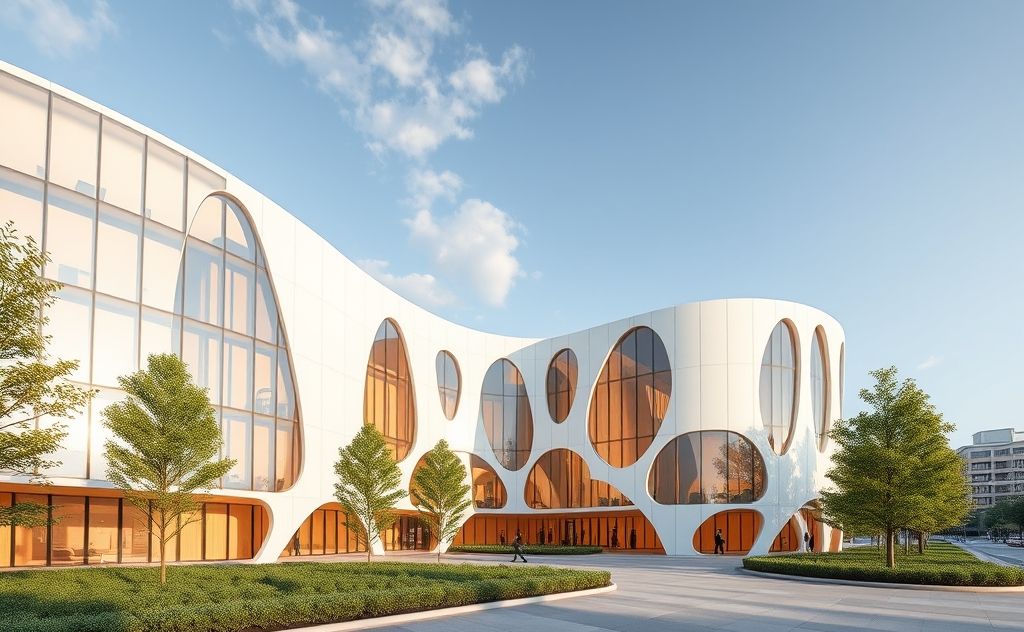 Create an image showcasing innovative self-modulating design in architecture, highlighting its benefits and adaptability in a modern setting.