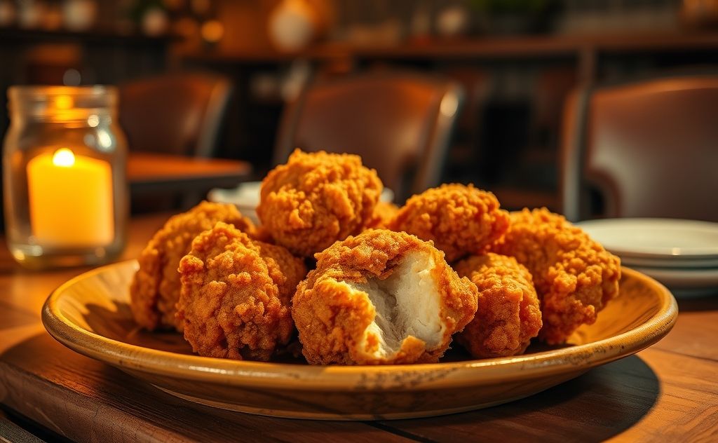 Crispy fried chicken on a plate with a warm, golden glow.